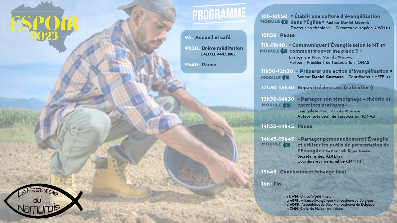 Formation à l'évangélisation, Namur 27.05.2023: le programme